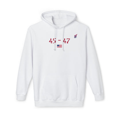 White hooded sweatshirt with "45-47," an American flag, and an eagle graphic, representing Donald Trump as the 45th and 47th president.