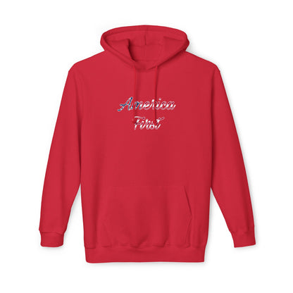 Red hoodie with 'America First' text in cursive, featuring an American flag pattern within the lettering