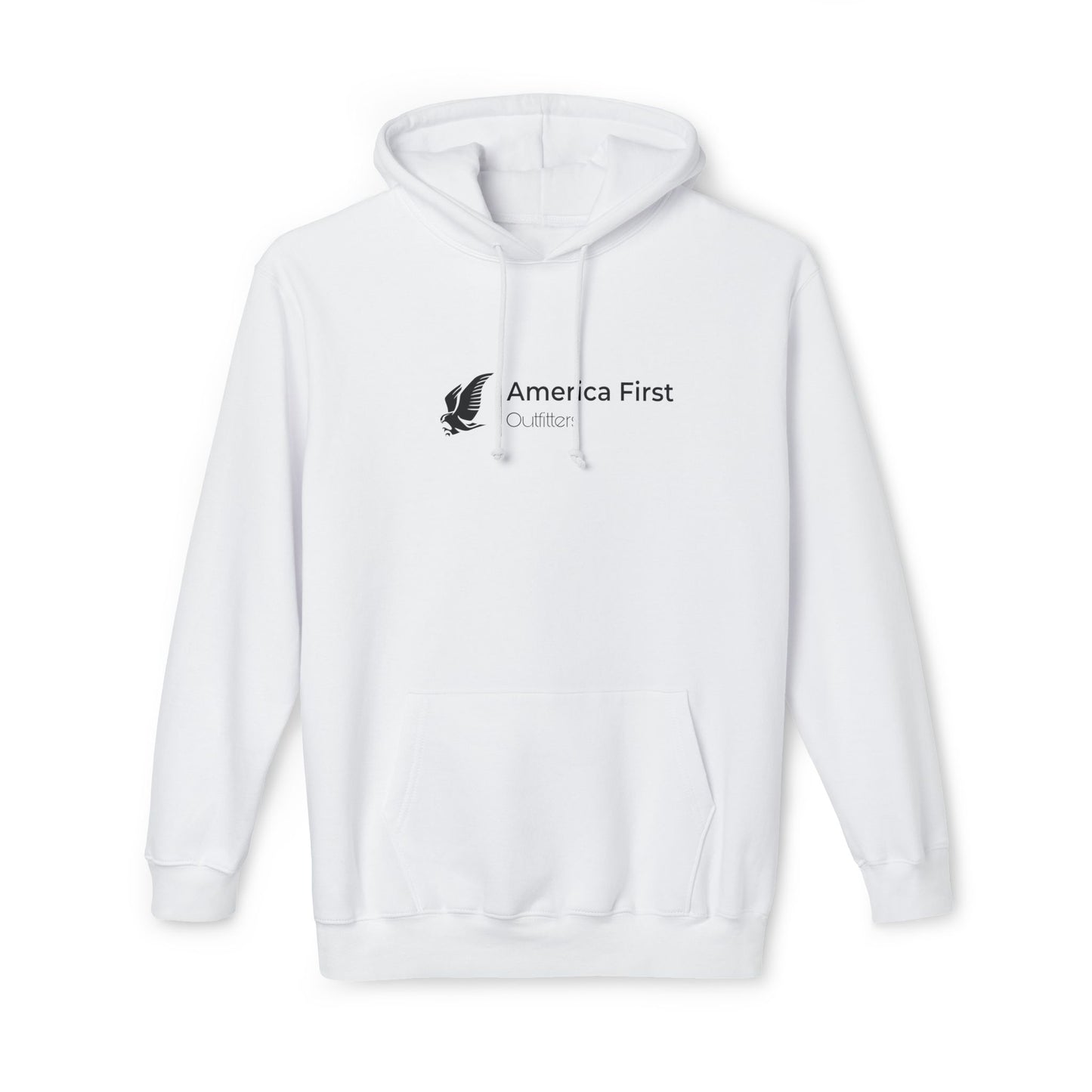 White hoodie with 'America First Outfitters' text in black, accompanied by an eagle graphic on the left side of the chest