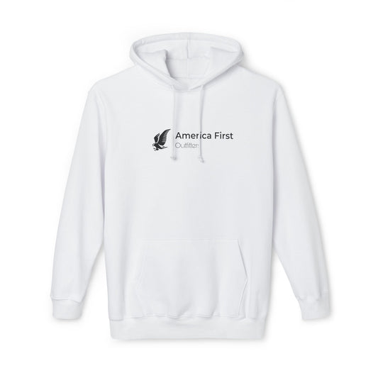 White hoodie with 'America First Outfitters' text in black, accompanied by an eagle graphic on the left side of the chest