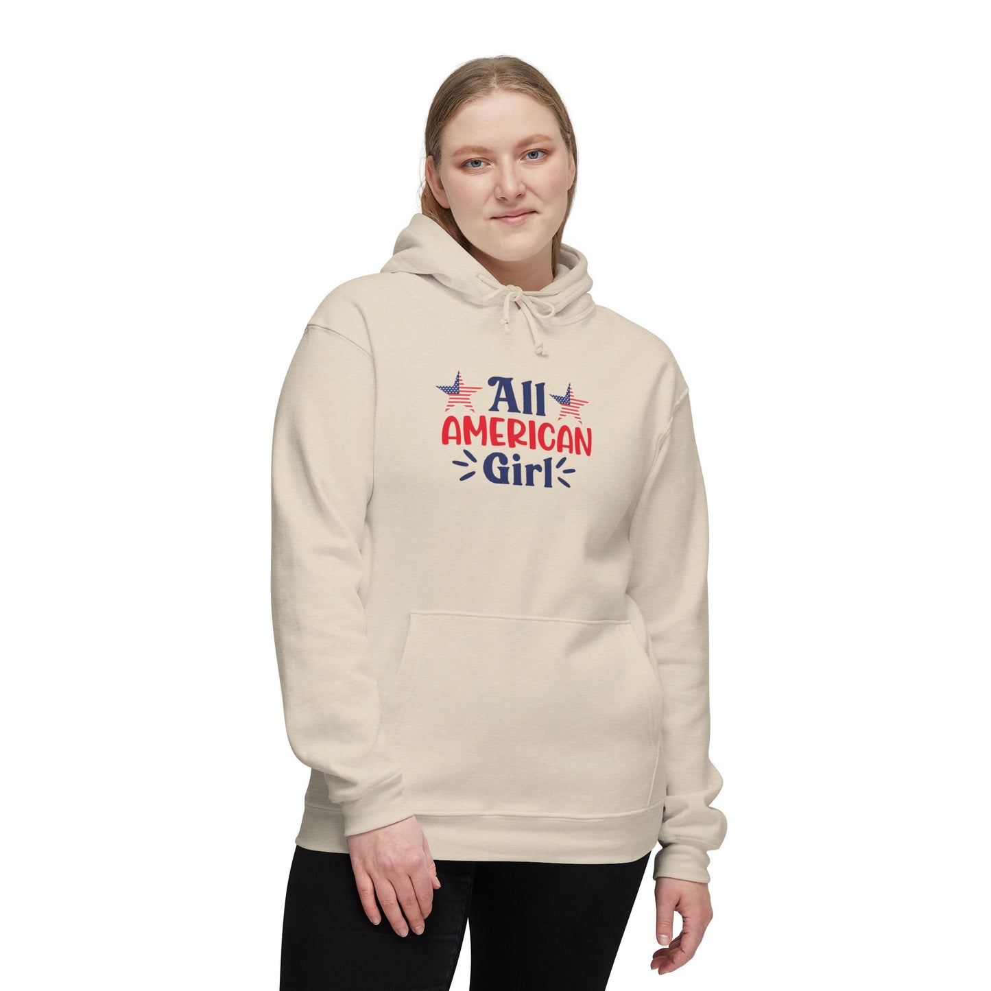 Woman wearing a beige hoodie with 'All American Girl' text in red and blue, featuring two American flag stars above the text