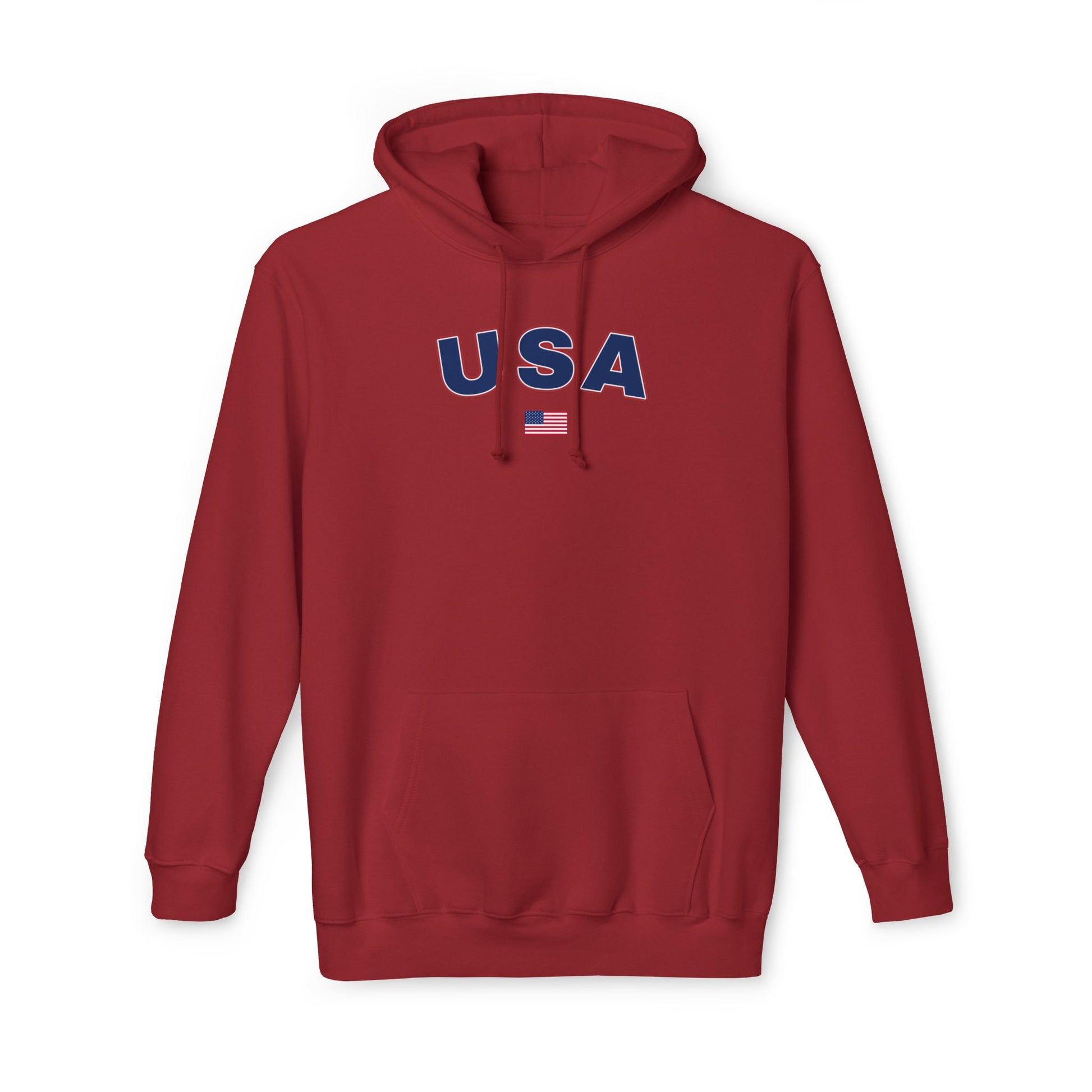 Cardinal hoodie with the text 'USA' in bold navy blue letters across the chest. Below the text, there is a small American flag