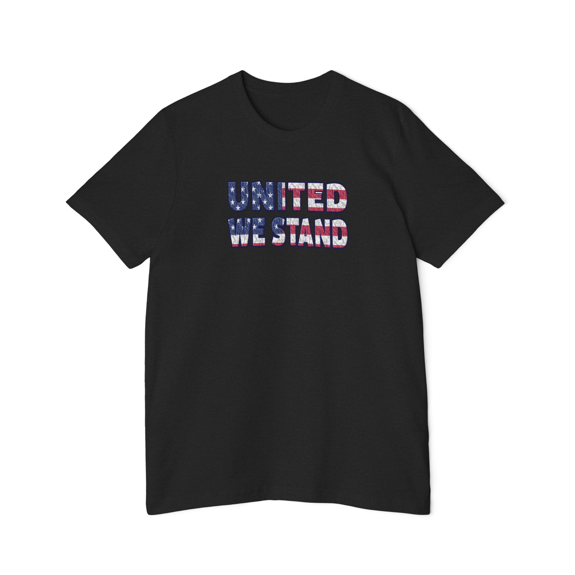 Black T-shirt with the text 'UNITED WE STAND' displayed across the chest. The letters are filled with a distressed American flag pattern