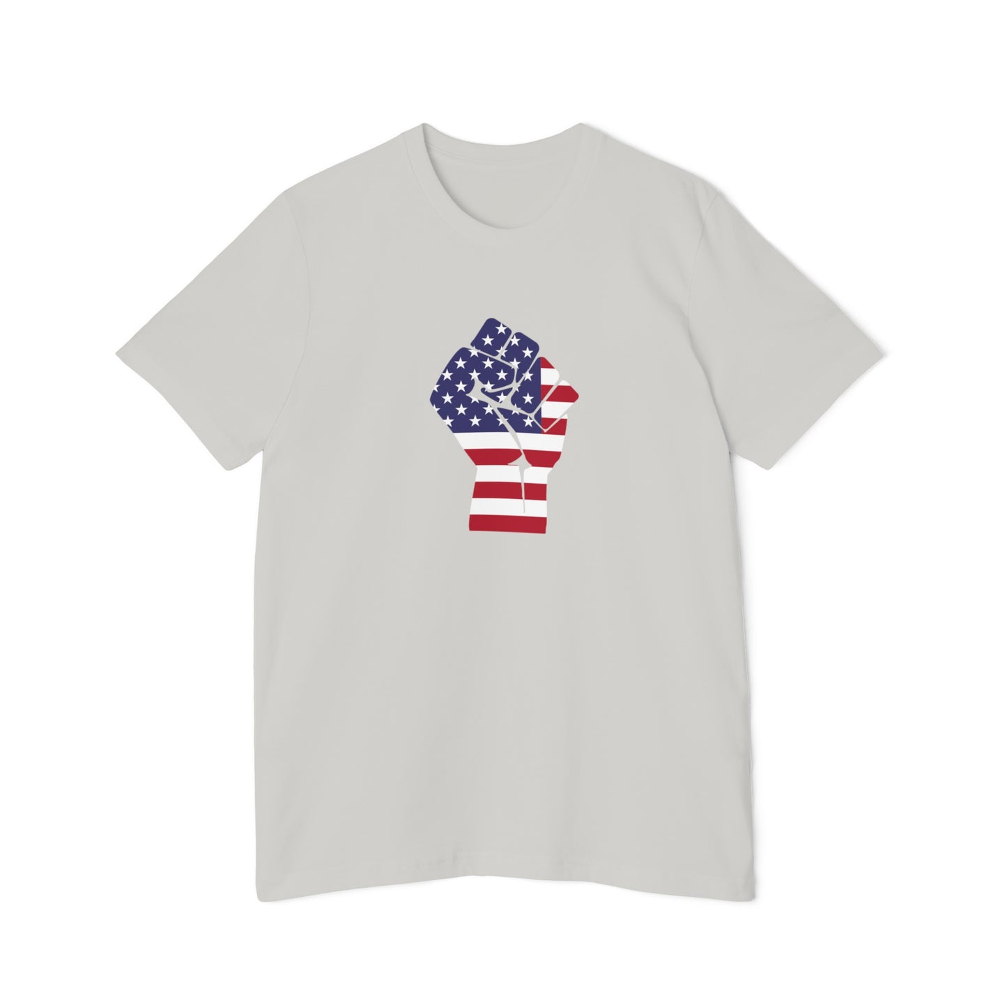 Light gray T-shirt featuring a graphic of a raised fist in the American flag pattern, with stars and stripes