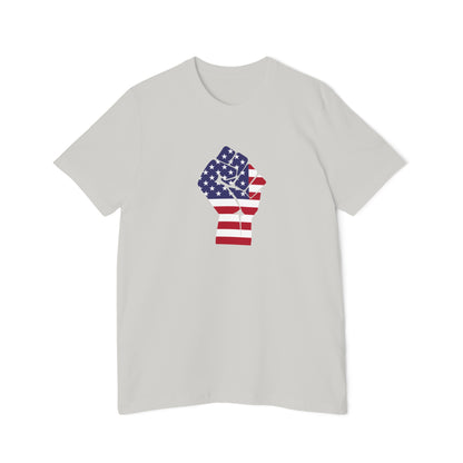 Light gray T-shirt featuring a graphic of a raised fist in the American flag pattern, with stars and stripes