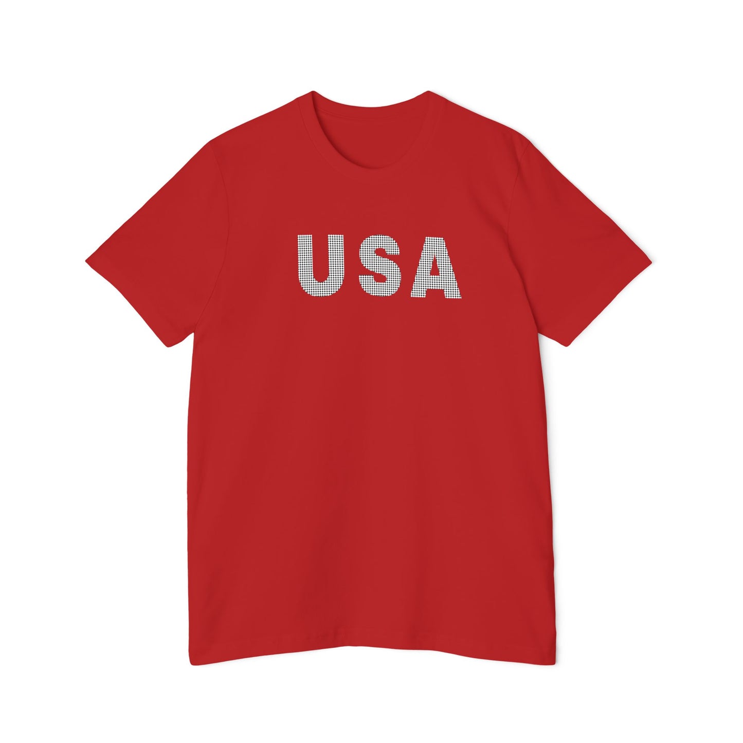 Red T-shirt with the word 'USA' in bold, white capital letters with a dotted texture across the chest