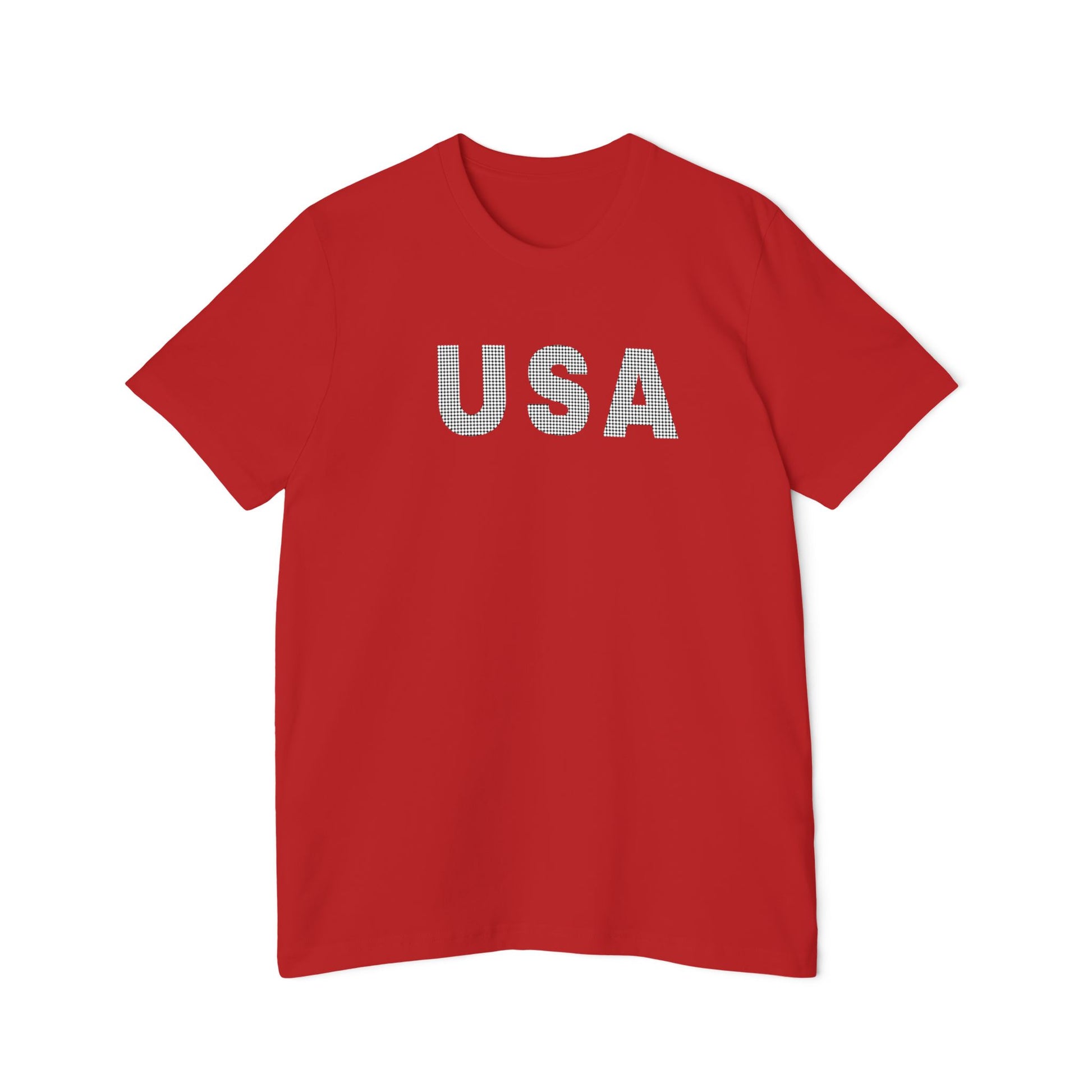 Red T-shirt with the word 'USA' in bold, white capital letters with a dotted texture across the chest