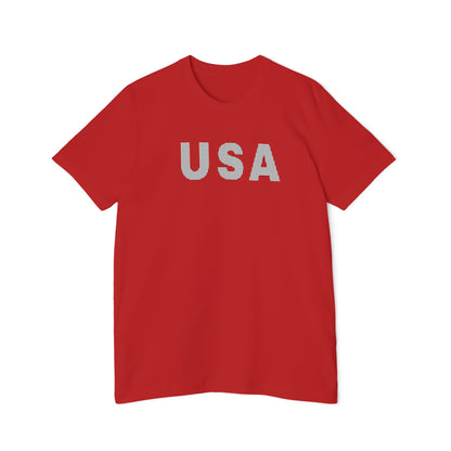 Red T-shirt with the word 'USA' in bold, white capital letters with a dotted texture across the chest