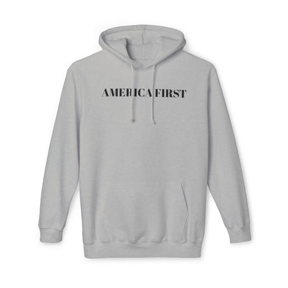 Light gray hoodie with 'America First' text in black capital letters across the chest