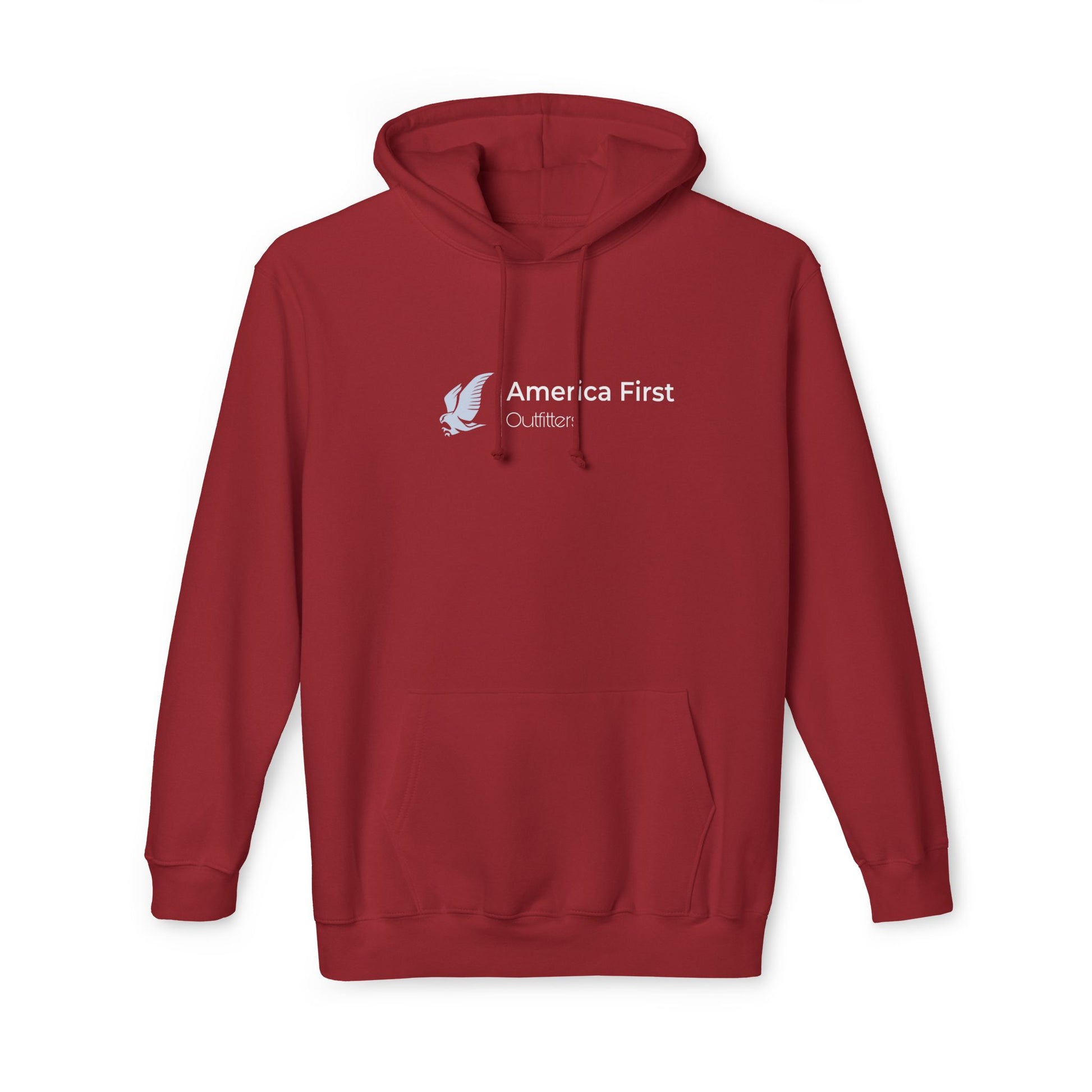 Cardinal hoodie with 'America First Outfitters' text in white, accompanied by an eagle graphic on the left side of the chest