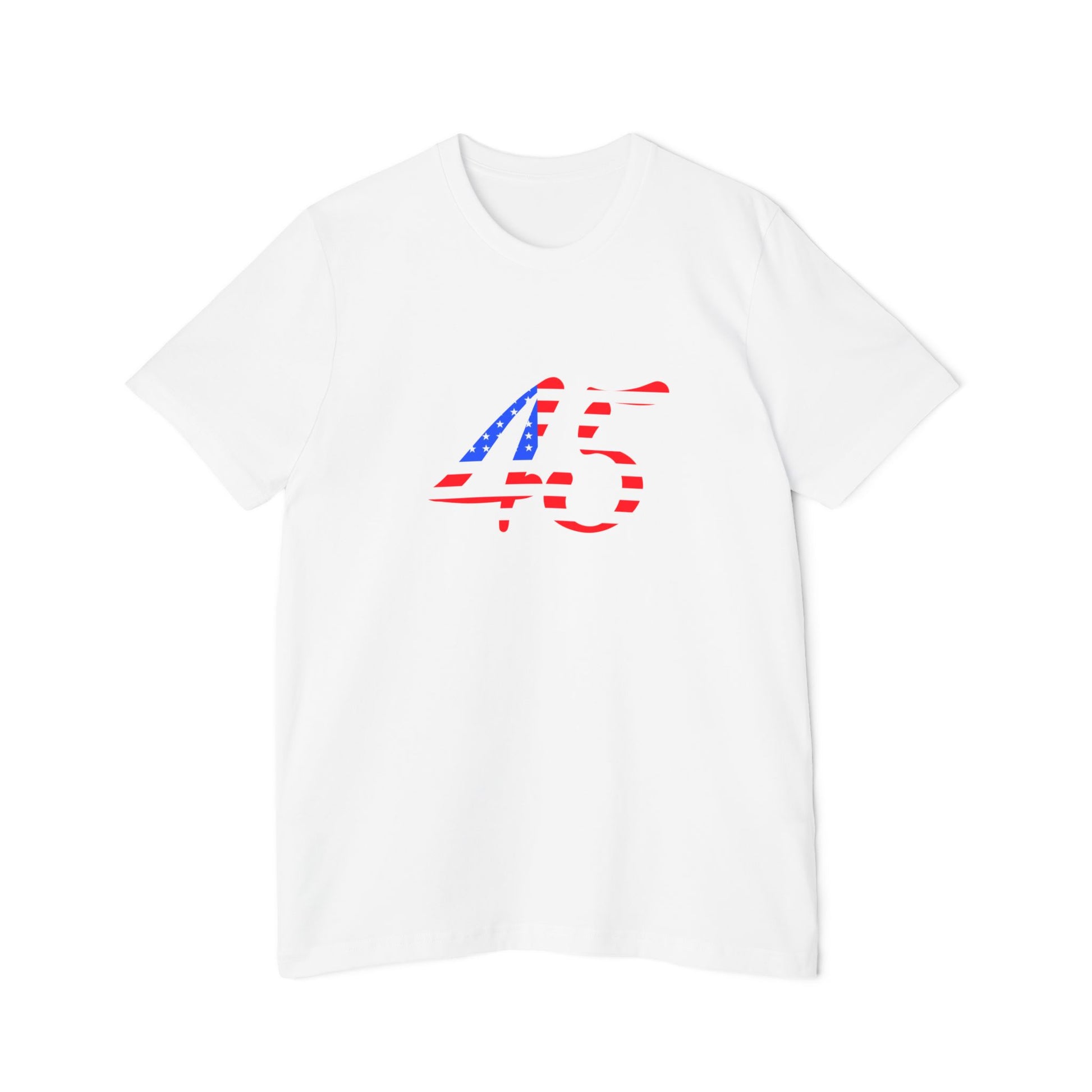 White T-shirt featuring the number "45" on the front in a bold design filled with American flag colors.