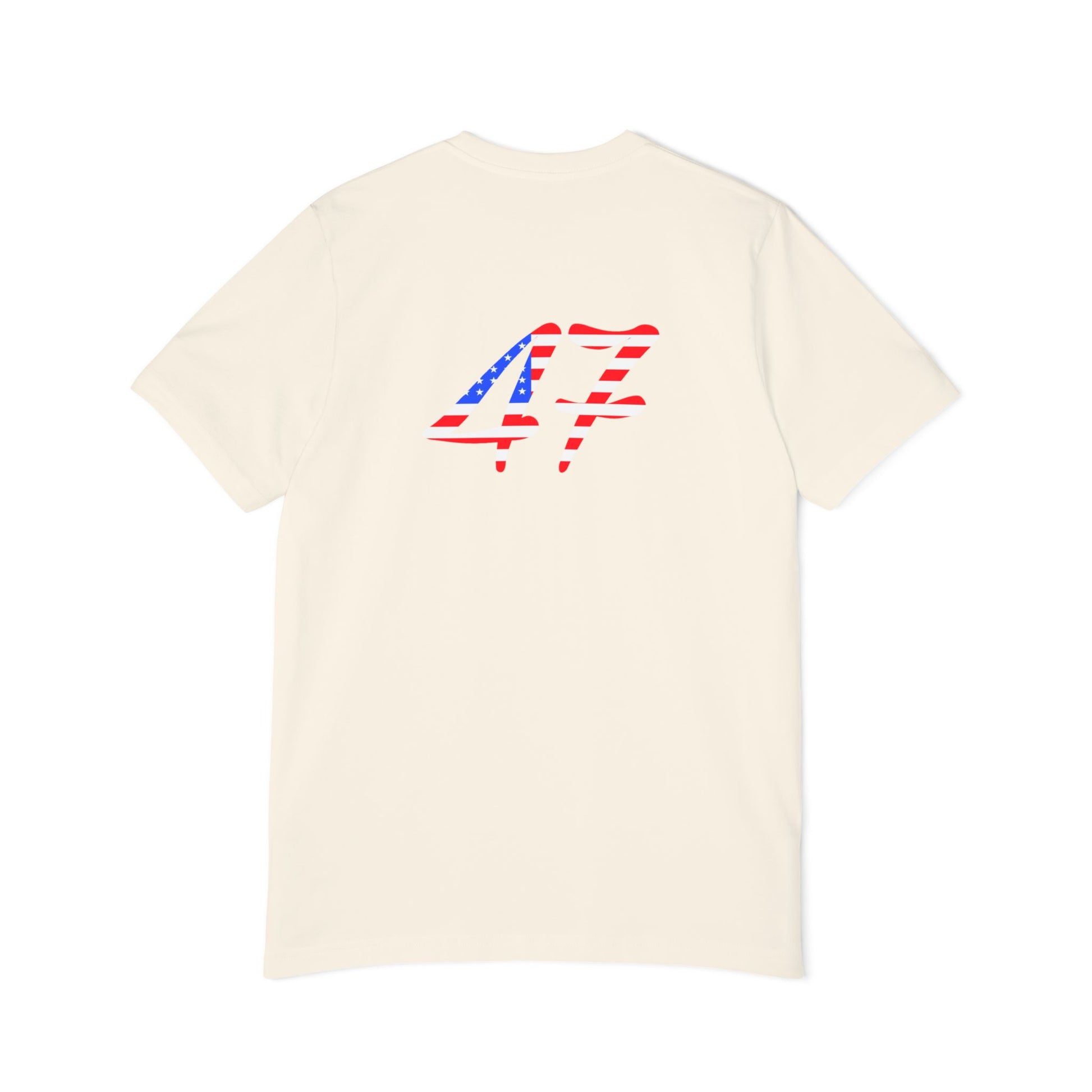 The back of cream T-shirt featuring the number "45" on it in a bold design filled with American flag colors. 