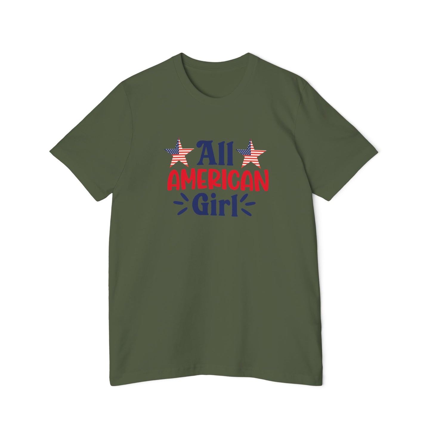 Military green T-shirt with 'All American Girl' text in red and blue, featuring two American flag stars above the text.