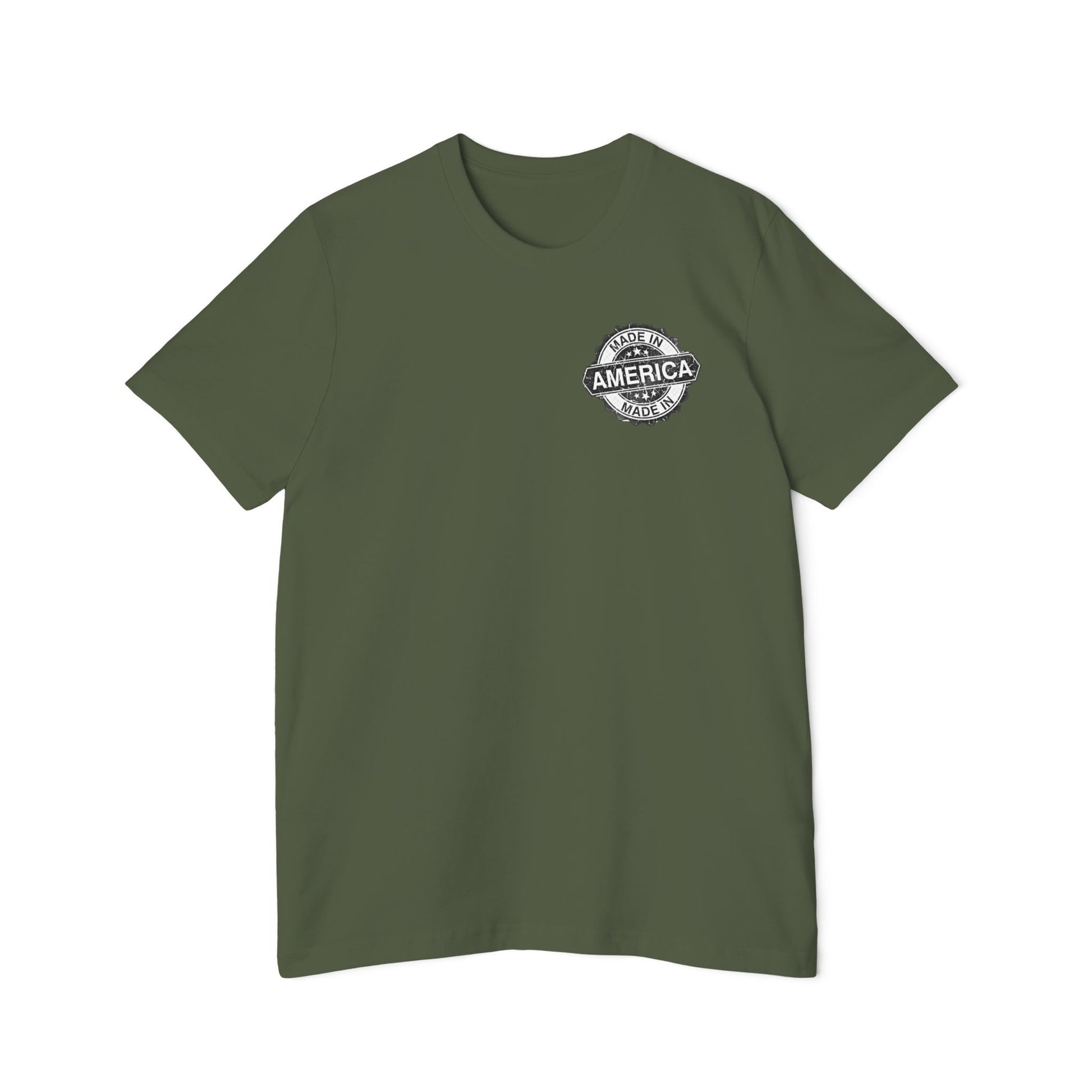 Military green T-shirt with a small 'Made in America' badge design on the left chest