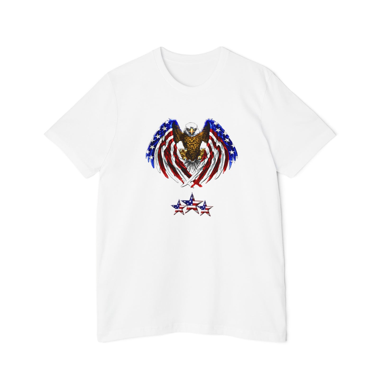 White T-shirt featuring a graphic of a bald eagle with wings in American flag colors, holding crossed swords above a row of stars in red, white, and blue