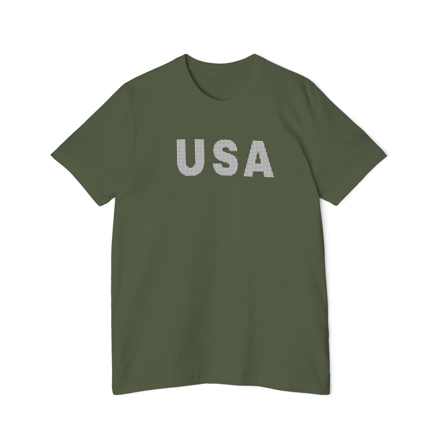 Military green T-shirt with the word 'USA' in bold, white capital letters with a dotted texture across the chest