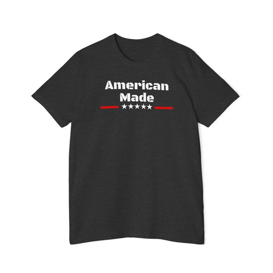 Dark gray T-shirt with 'American Made' text in bold white stencil font, featuring a row of stars beneath the text, bordered by red lines