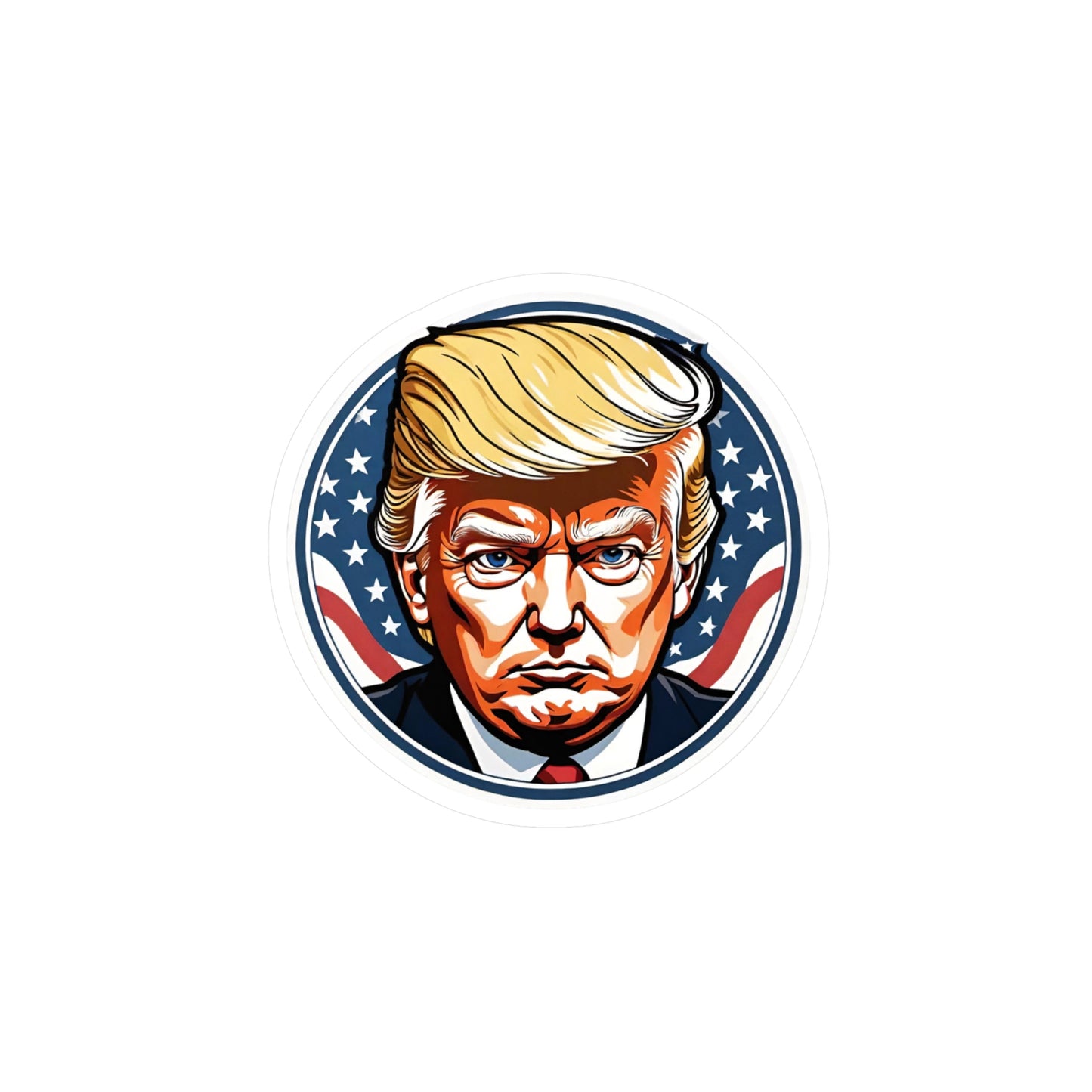 Round sticker featuring a bold, graphic illustration of a determined figure with distinctive golden hair. The background showcases stars and stripes, symbolizing the American flag, adding a patriotic theme to the design