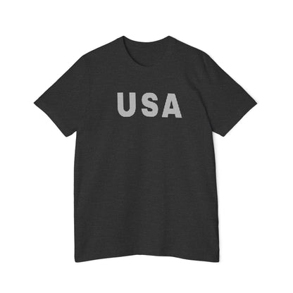 Dark gray T-shirt with the word 'USA' in bold, white capital letters with a dotted texture across the chest