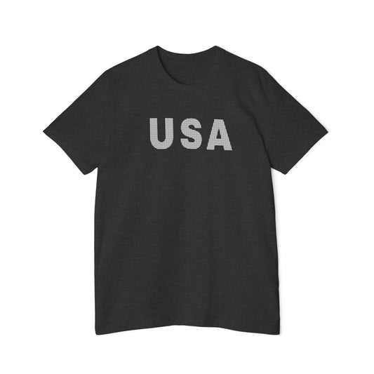 Dark gray T-shirt with the word 'USA' in bold, white capital letters with a dotted texture across the chest