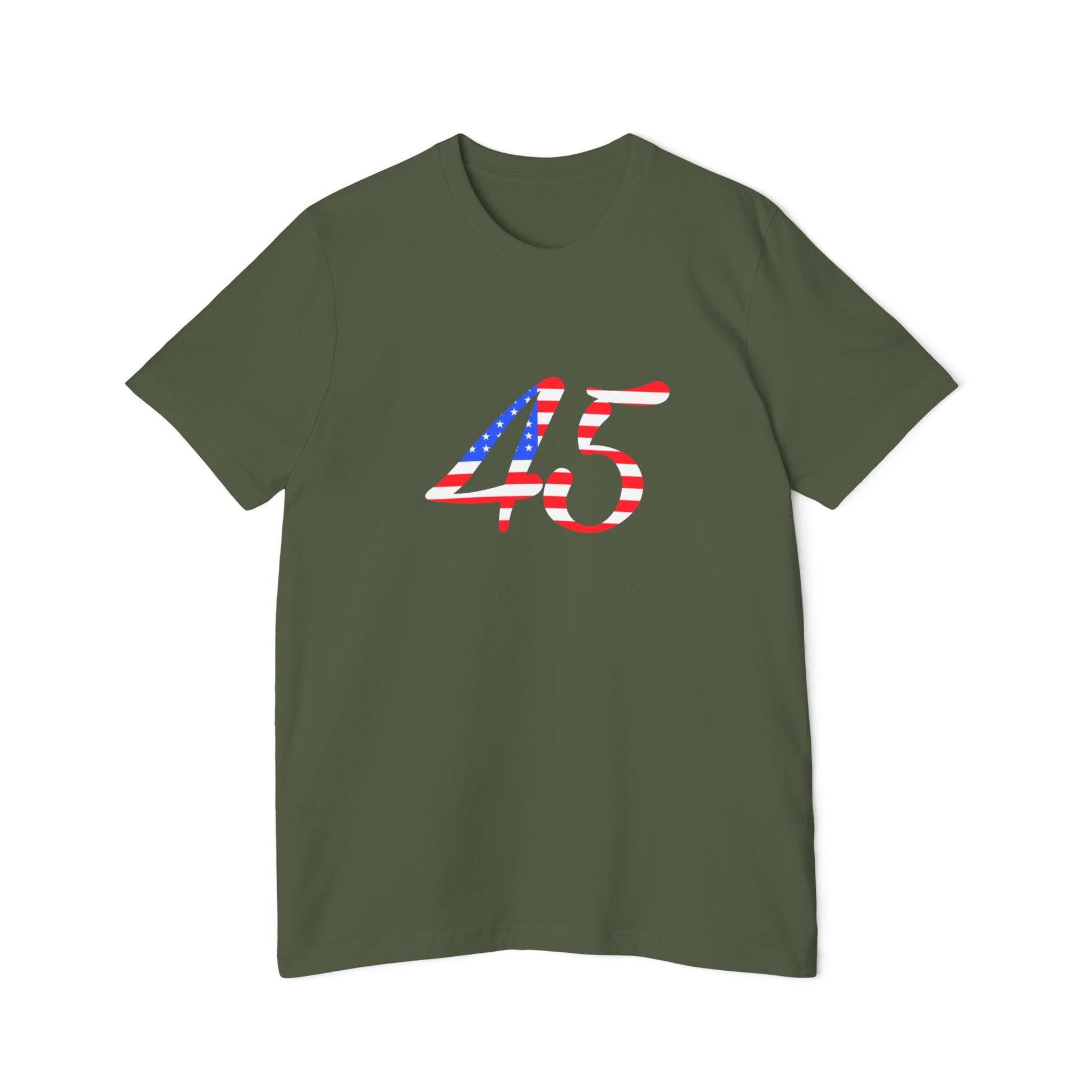 Military green T-shirt featuring the number "45" on the front in a bold design filled with American flag colors.