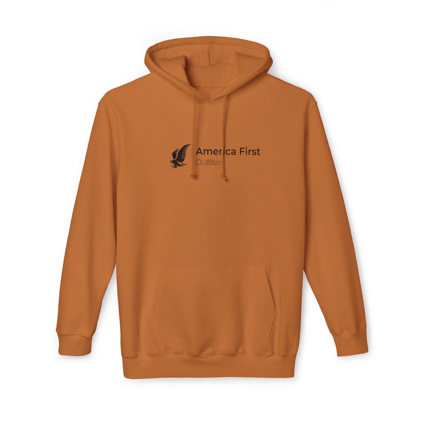 Caramel brown hoodie with 'America First Outfitters' text in black, accompanied by an eagle graphic on the left side of the chest