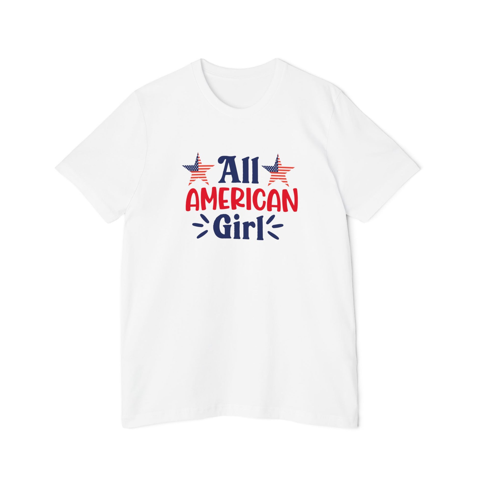 White T-shirt with 'All American Girl' text in red and blue, featuring two American flag stars above the text.