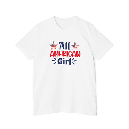 White T-shirt with 'All American Girl' text in red and blue, featuring two American flag stars above the text.