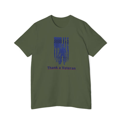 Military green t-shirt with a design showing a soldier standing in front of a USA flag with the words, Thank A Veteran" below the design. 