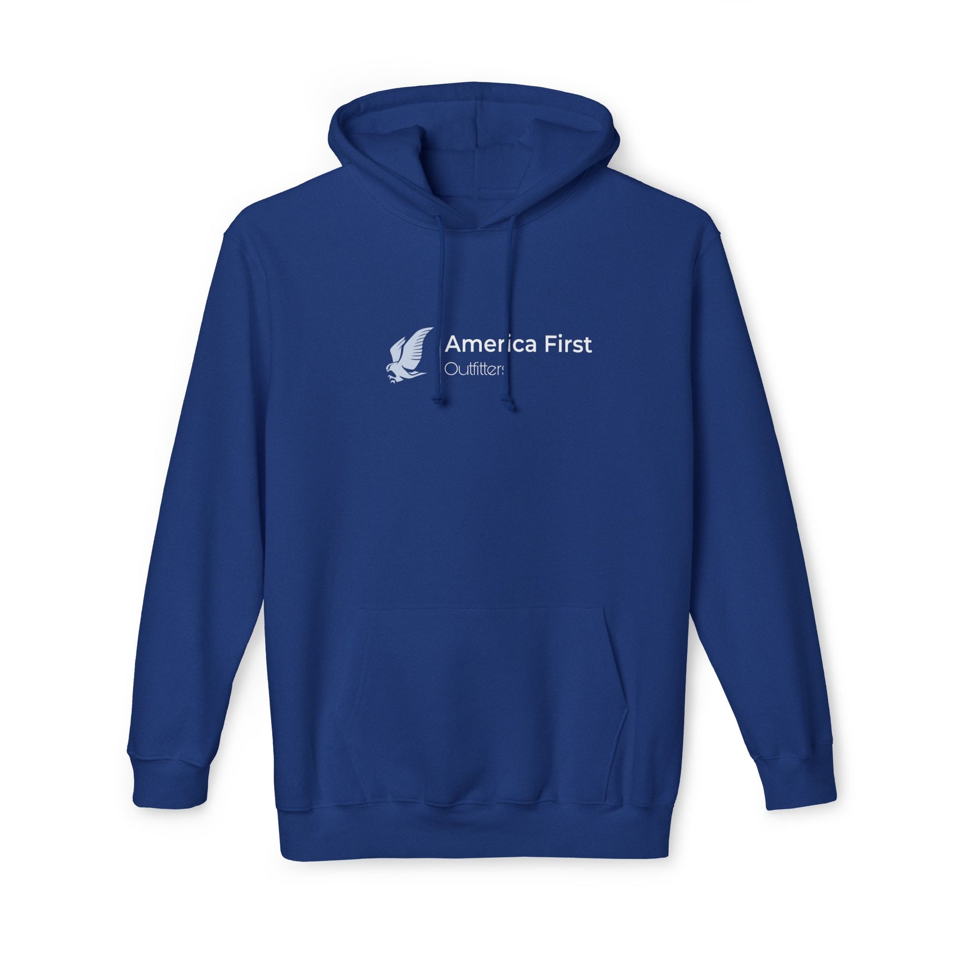 Blue hoodie with 'America First Outfitters' text in white, accompanied by an eagle graphic on the left side of the chest