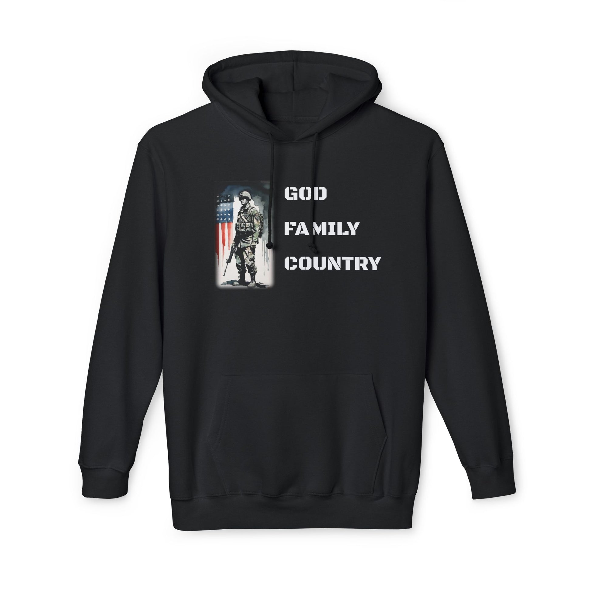 Black hoodie featuring a design with a soldier standing in front of a distressed American flag, accompanied by the text 'God Family Country' in bold white letters