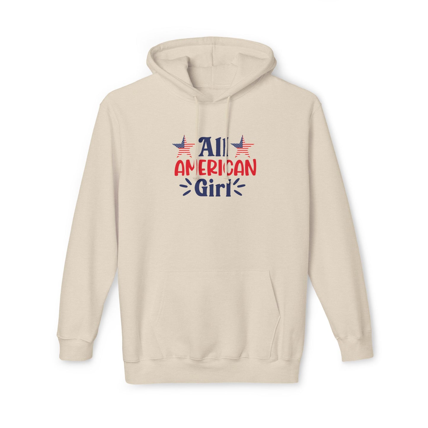 Beige hoodie with 'All American Girl' text in red and blue, featuring two American flag stars above the text