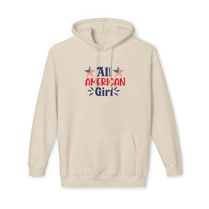 Beige hoodie with 'All American Girl' text in red and blue, featuring two American flag stars above the text