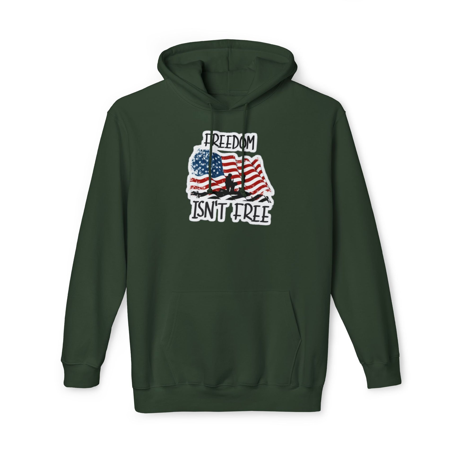 Military green hoodie featuring a graphic of a waving American flag with a soldier silhouette and the text 'FREEDOM ISN'T FREE' in bold, distressed lettering