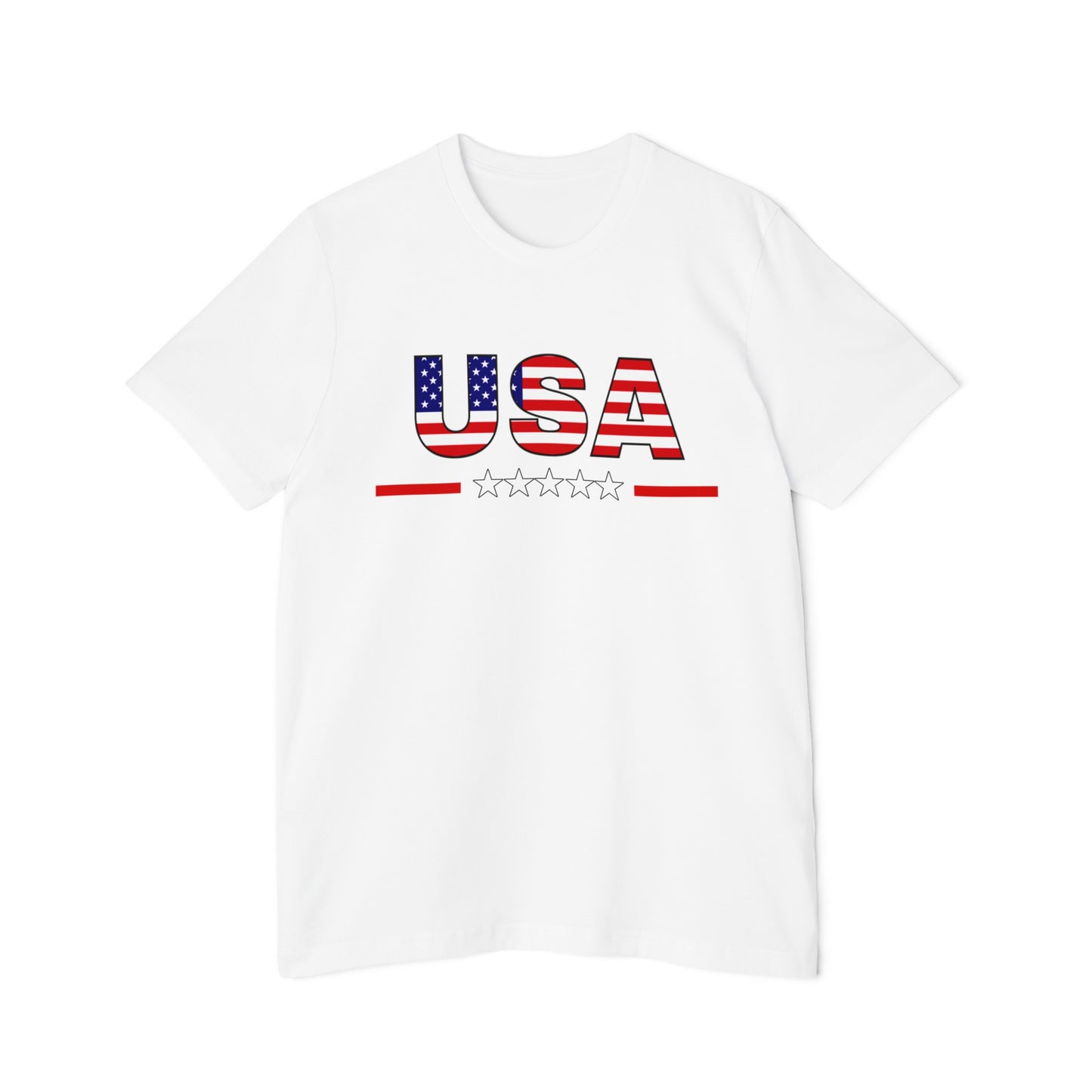 White T-shirt featuring the word 'USA' in bold letters with an American flag pattern, above a row of stars and red lines