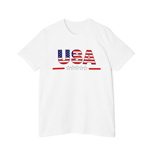 White T-shirt featuring the word 'USA' in bold letters with an American flag pattern, above a row of stars and red lines