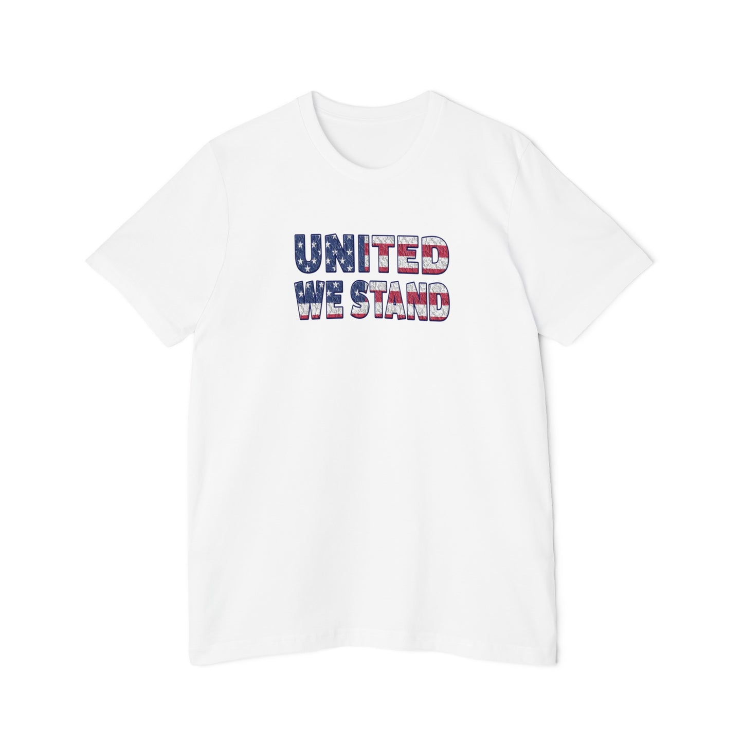 White T-shirt with the text 'UNITED WE STAND' displayed across the chest. The letters are filled with a distressed American flag pattern