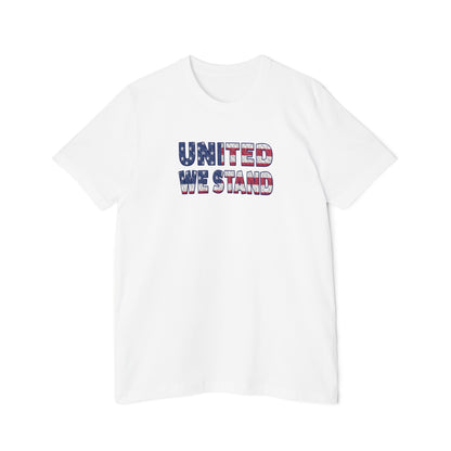 White T-shirt with the text 'UNITED WE STAND' displayed across the chest. The letters are filled with a distressed American flag pattern