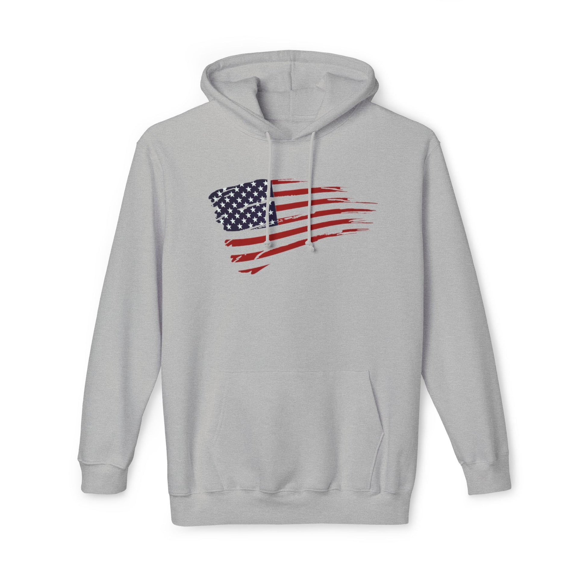 Light gray hoodie featuring a distressed American flag graphic across the chest