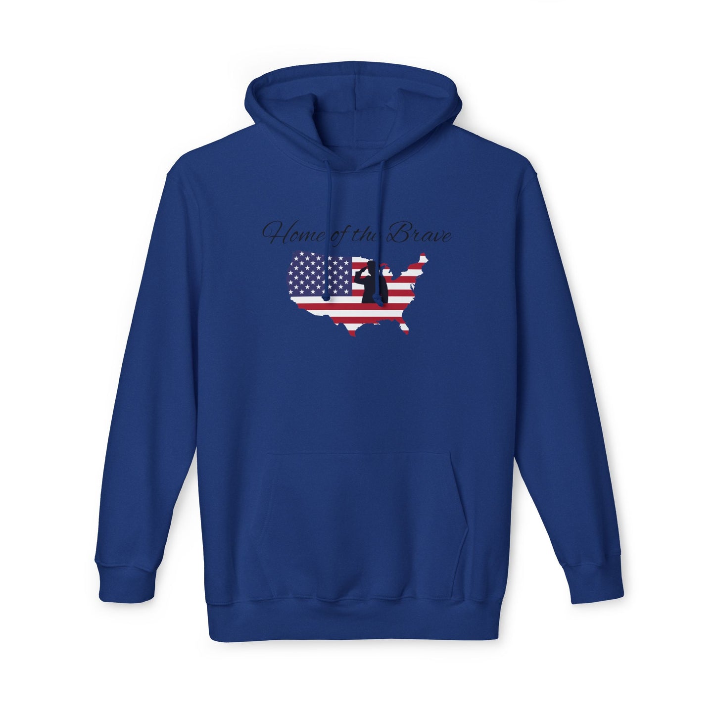 Blue hoodie featuring the phrase 'Home of the Brave' above a silhouette of the United States, with the American flag design filling the silhouette