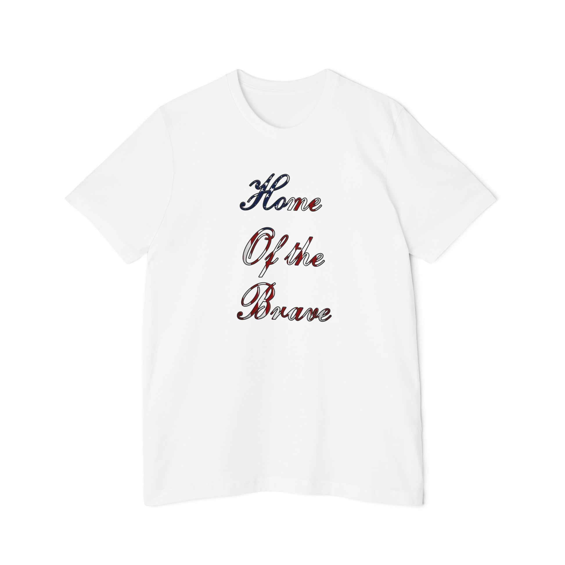 White T-shirt with the phrase 'Home of the Brave' written in a decorative font, featuring an American flag pattern within the text