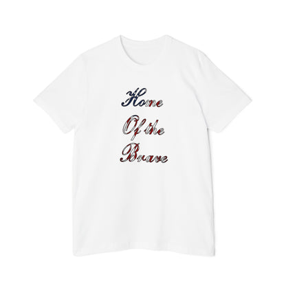 White T-shirt with the phrase 'Home of the Brave' written in a decorative font, featuring an American flag pattern within the text