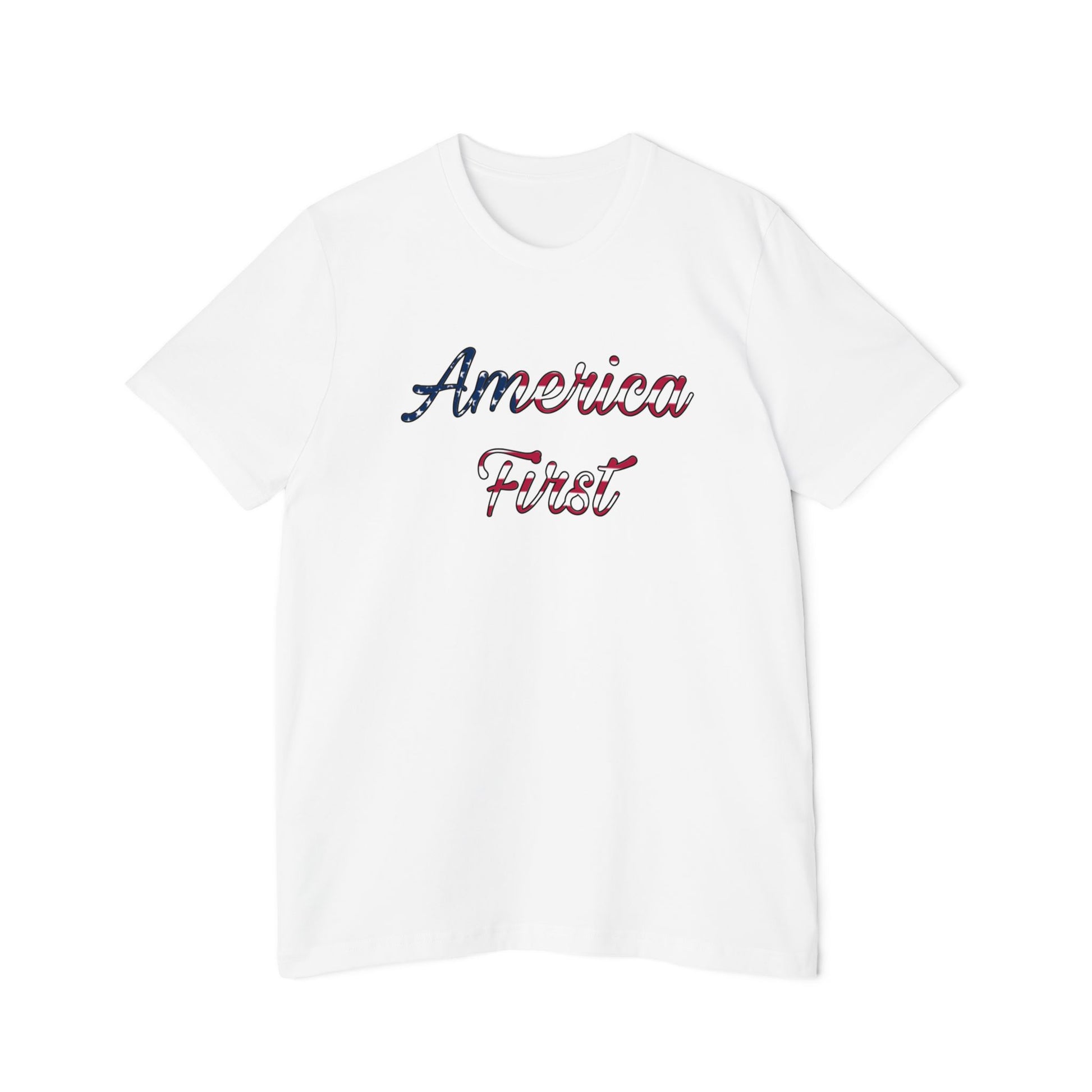 White T-shirt with 'America First' text in cursive, featuring an American flag pattern within the lettering