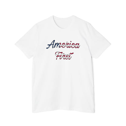 White T-shirt with 'America First' text in cursive, featuring an American flag pattern within the lettering