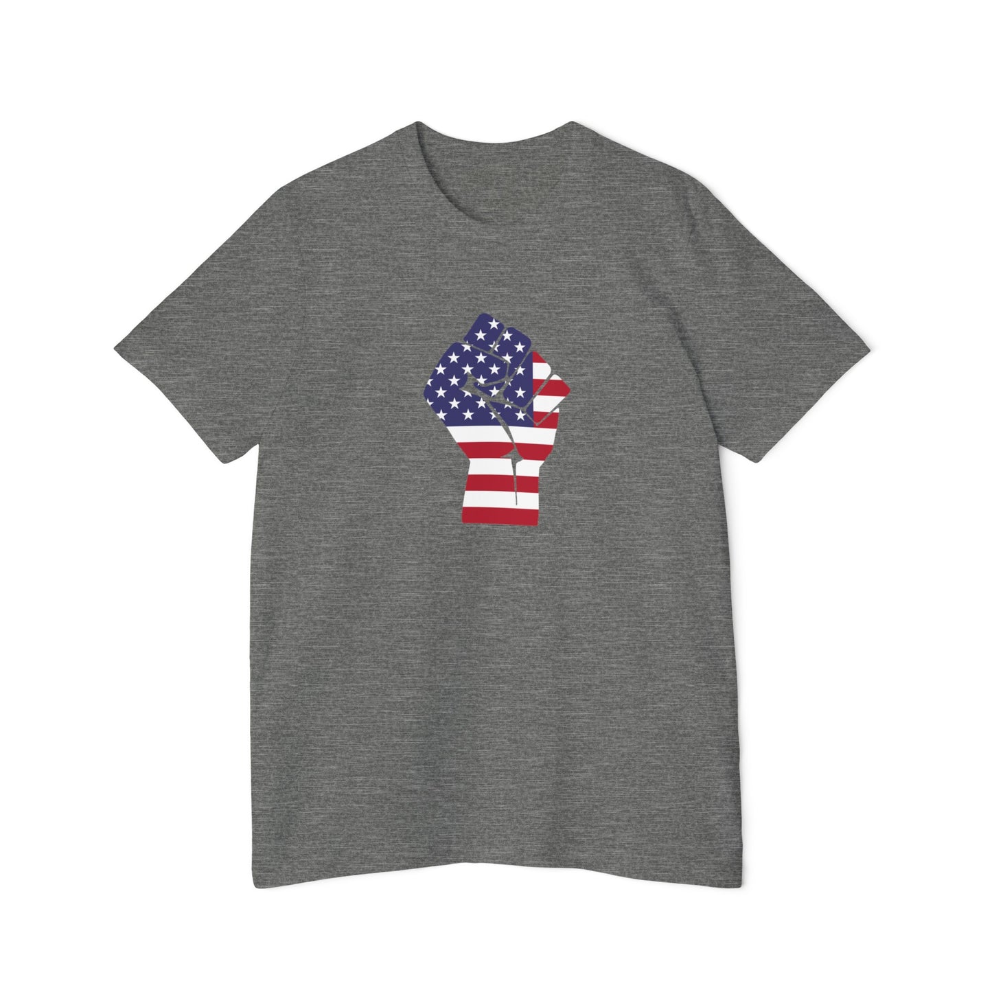 Dark gray T-shirt featuring a graphic of a raised fist in the American flag pattern, with stars and stripes