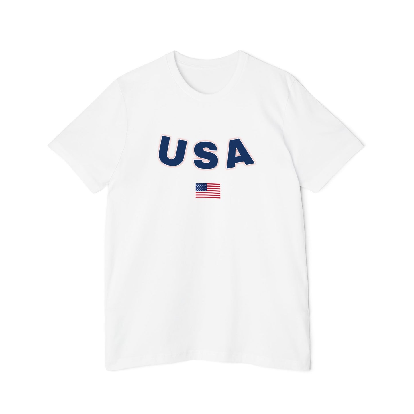 White T-shirt featuring the text 'USA' in bold navy blue letters with a slight red outline across the chest. Below the text, there is a small American flag