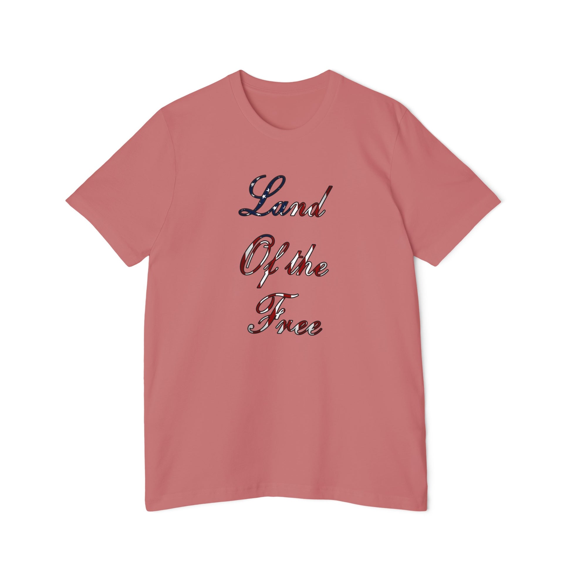 Pink T-shirt featuring the phrase 'Land of the Free' written vertically in a script font with a red, white, and blue American flag-themed design