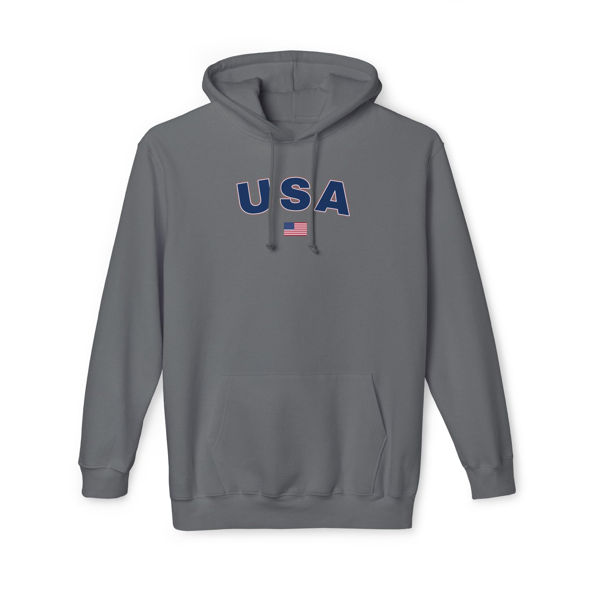 Dark gray hoodie with the text 'USA' in bold navy blue letters across the chest. Below the text, there is a small American flag