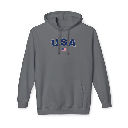 Dark gray hoodie with the text 'USA' in bold navy blue letters across the chest. Below the text, there is a small American flag