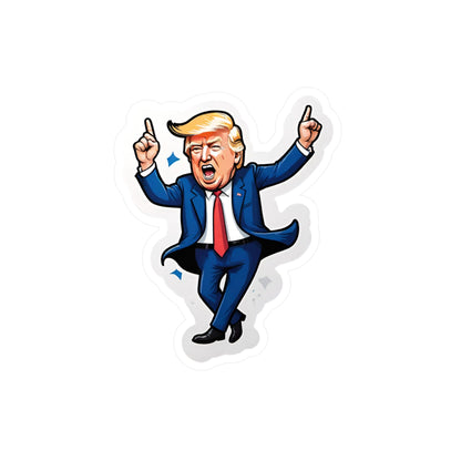 Vinyl car decal of a cartoon looking Donald Trump, dancing with his hands in the air